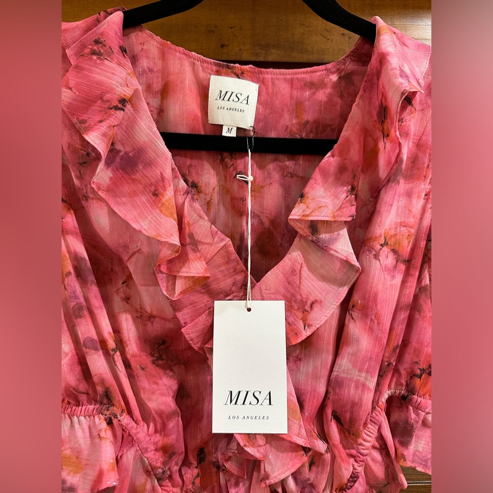 Misa Of LA MINI NWT Size Medium v neck  short sleeves ruffles pink- mauve - Picture 2 of 12